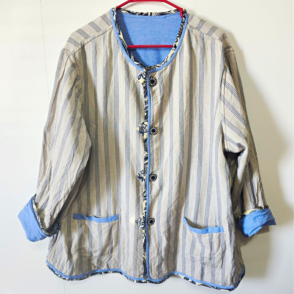 KOOS Of Course Reversible Linen Blend Jacket Womens 2X Blue Stripe Vintage Plus